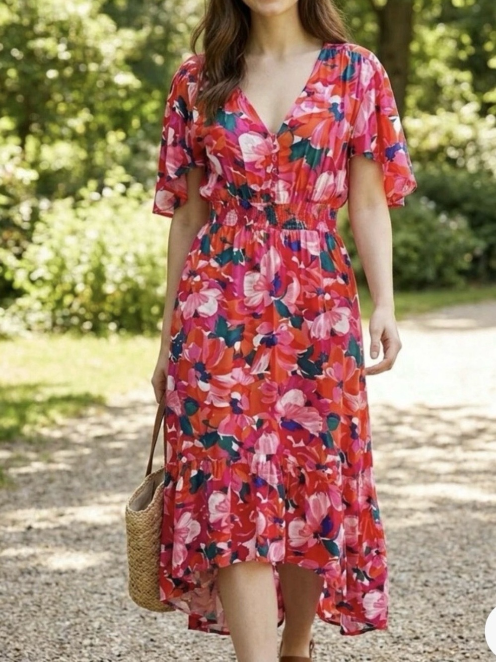 Abel the Label Women’s High-Low Floral V-Neck Dress in Coral Pink